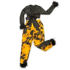 Black Satin Tie-Front Top w Feather Cuffs paired with feather cuff pants, XS/S